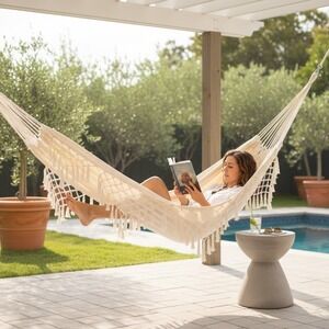 Wide Brazilian Style Fringed Hammock Boho Style Supports 250 Lbs Outdoor Indoor